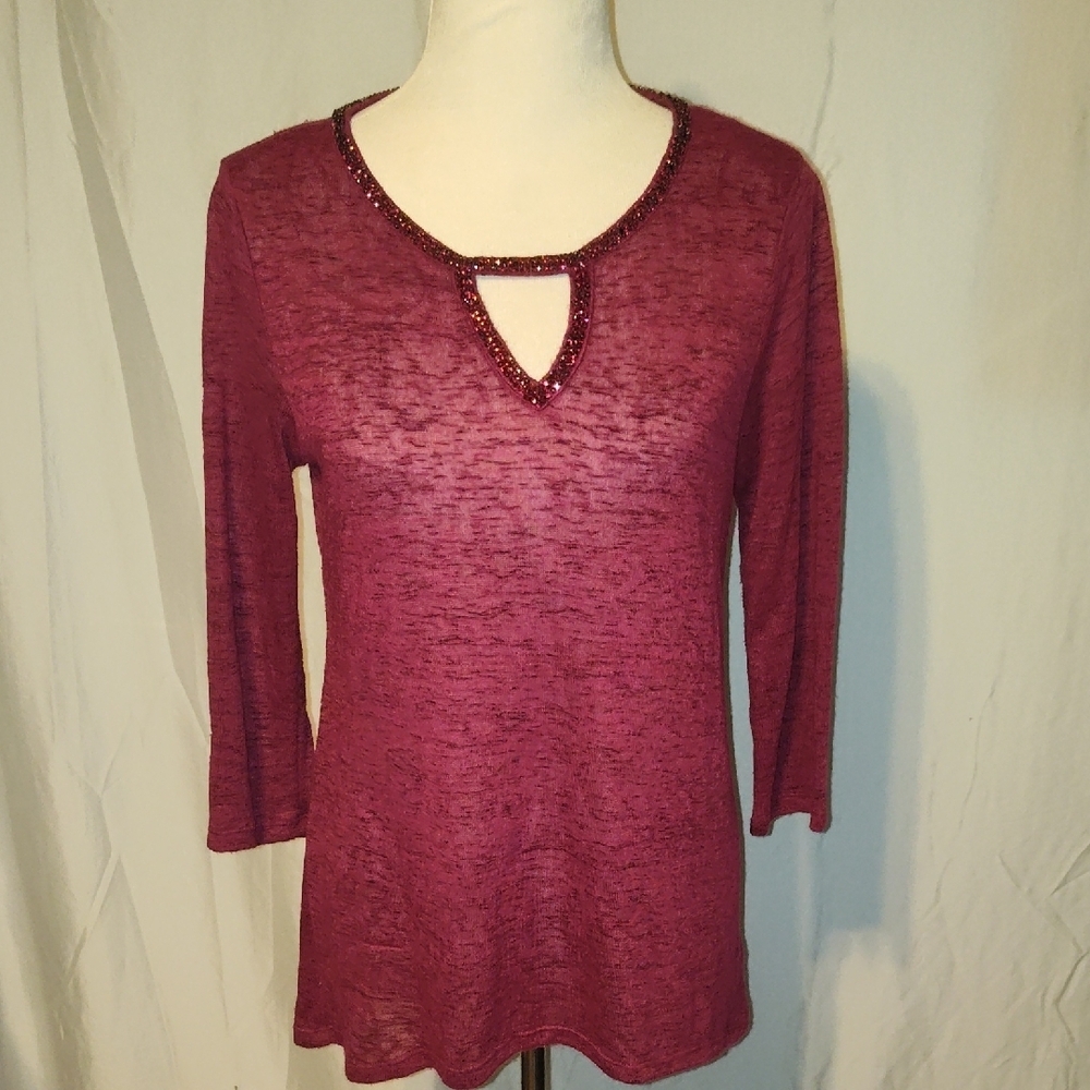 Juicy Couture Red with Black Rhinestone Neck Semi-Sheer Women's Size Medium